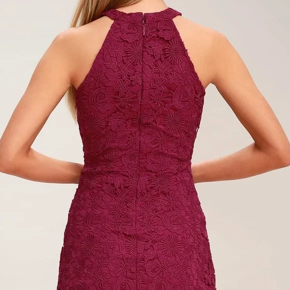🩷LULU’S LOVE MAGENTA RED LACE MINI BODYCON HIGH NECK STRAPLESS DRESS SIZE SMALL - Picture 11 of 12